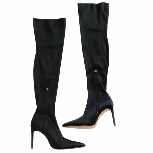 ZARA BLACK VERY HIGH KNEE STILETTO HEELS POINTED TOE STRETCH FITTED BOOTS - Picture 2 of 9